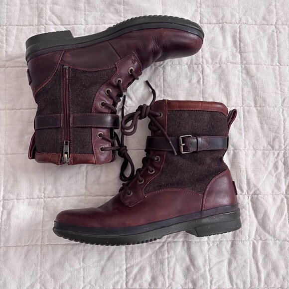 UGG Kesey Womens 9 Brown Leather Shearling Boots Lace Up Zip - Picture 2 of 15